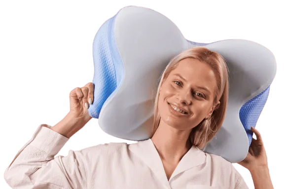Woman holding the Ergo Pillow contour cooling pillow