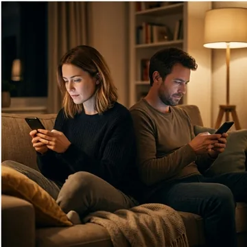 Couple sitting on the couch each looking at their phones